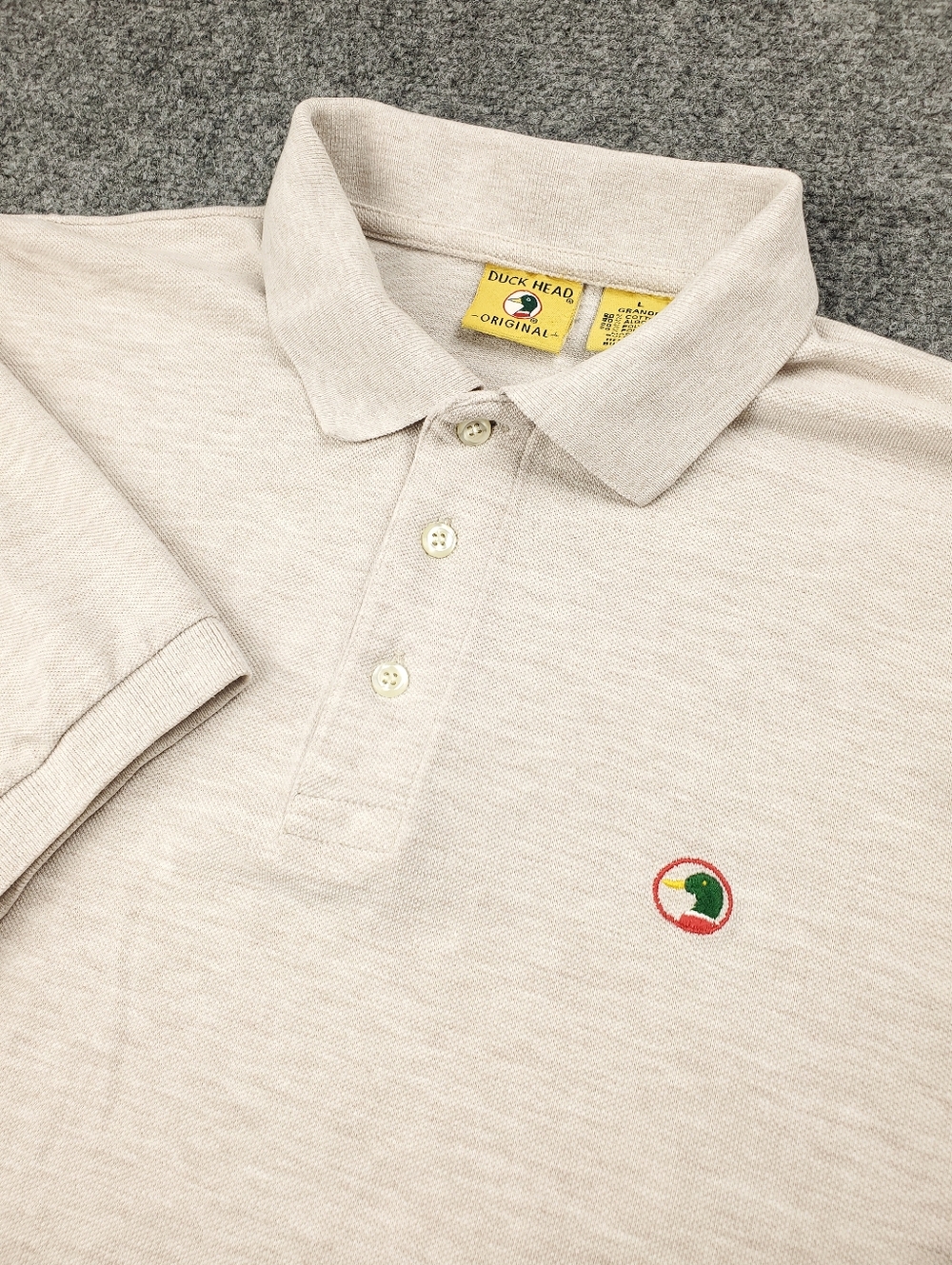 Duck Head Polo Shirt Mens Large Duck Logo Preppy Sporty Beige Heather Pique